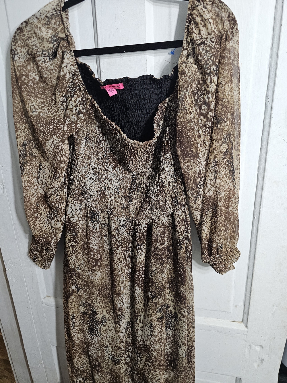 Betsey Johnson Brown Animal-Print Smocked Maxi Dress